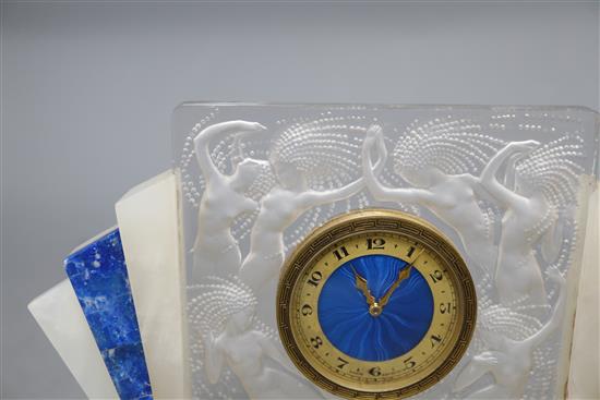 A Lalique Art Deco onyx and frosted glass mantel timepiece, with enamelled dial, height 14cm